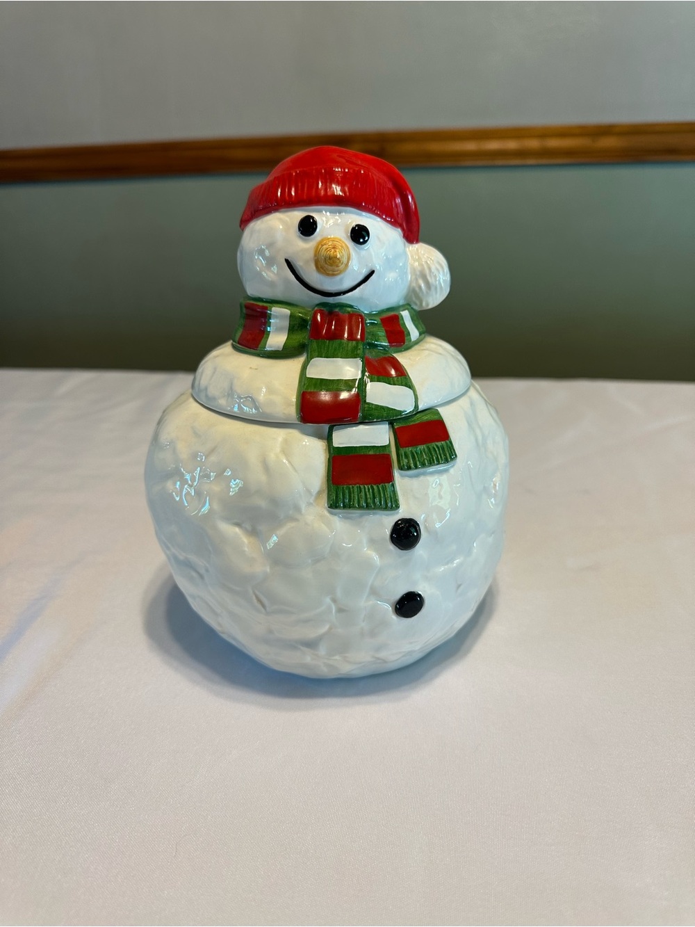 Homco Ceramic Snowman Cookie Jar in Red, Green and White